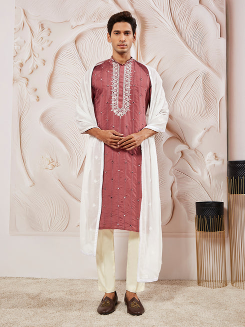 Men's Rose Pink Silk Blend Kurta Pant And Dupatta Set